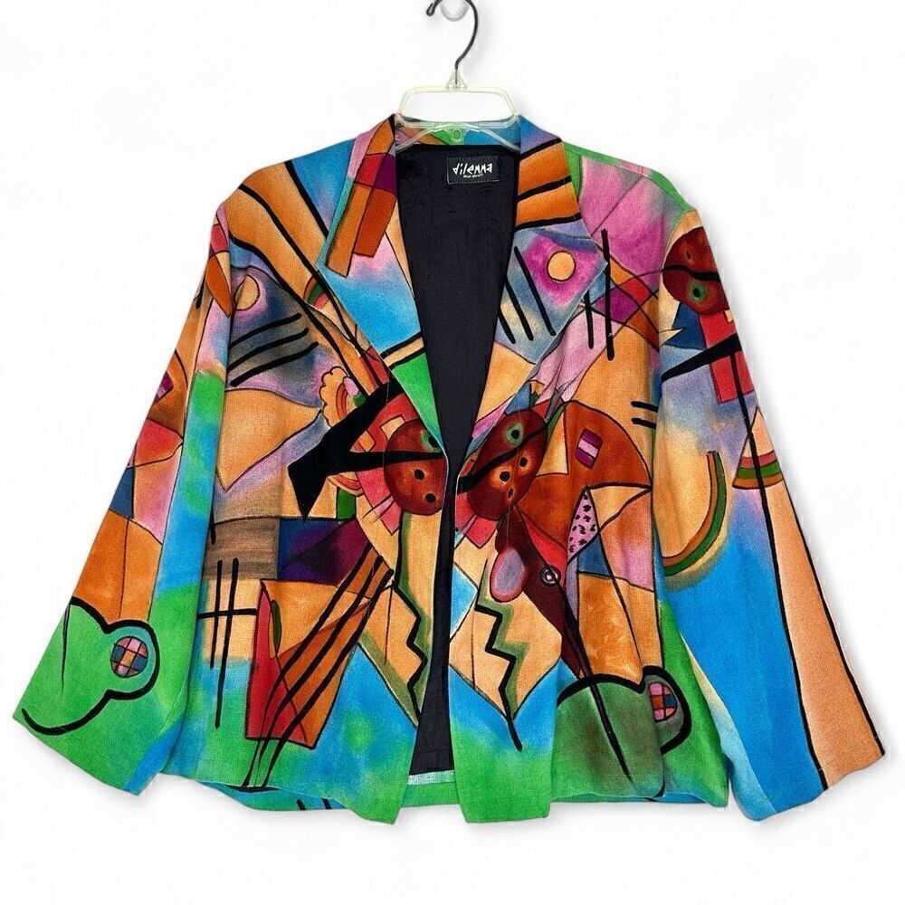Vtg 90s Dilemma Dhun Schroff 100% Silk Abstract Cubism Art Wear Open Blazer OS